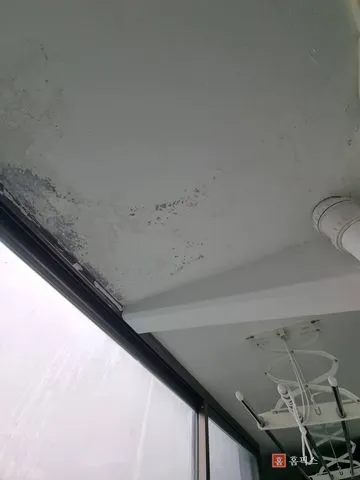베란다 천장 모서리에 곰팡이가 번지고 페인트가 들뜬 시공 전 모습